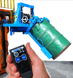 Forklift mounted drum racker with optional wireless drum tilt control