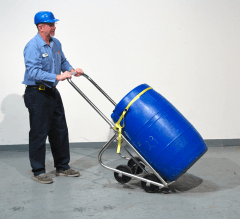 Stainless steel barrel truck shown with Optional Clamp-On Strap for rimless plastic drum