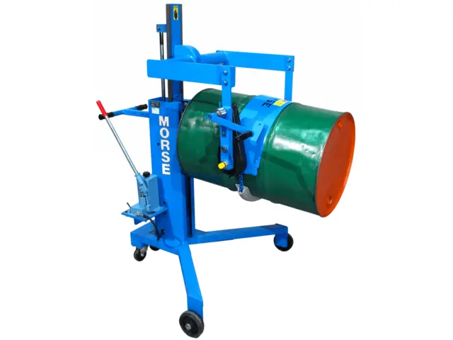 Model 82A-GT Drum Palletizer has Hand Crank Geared Drum Tilt Control. Shown with Tilt-Brake Option 3900i-P to automatically hold drum tilt angle.
